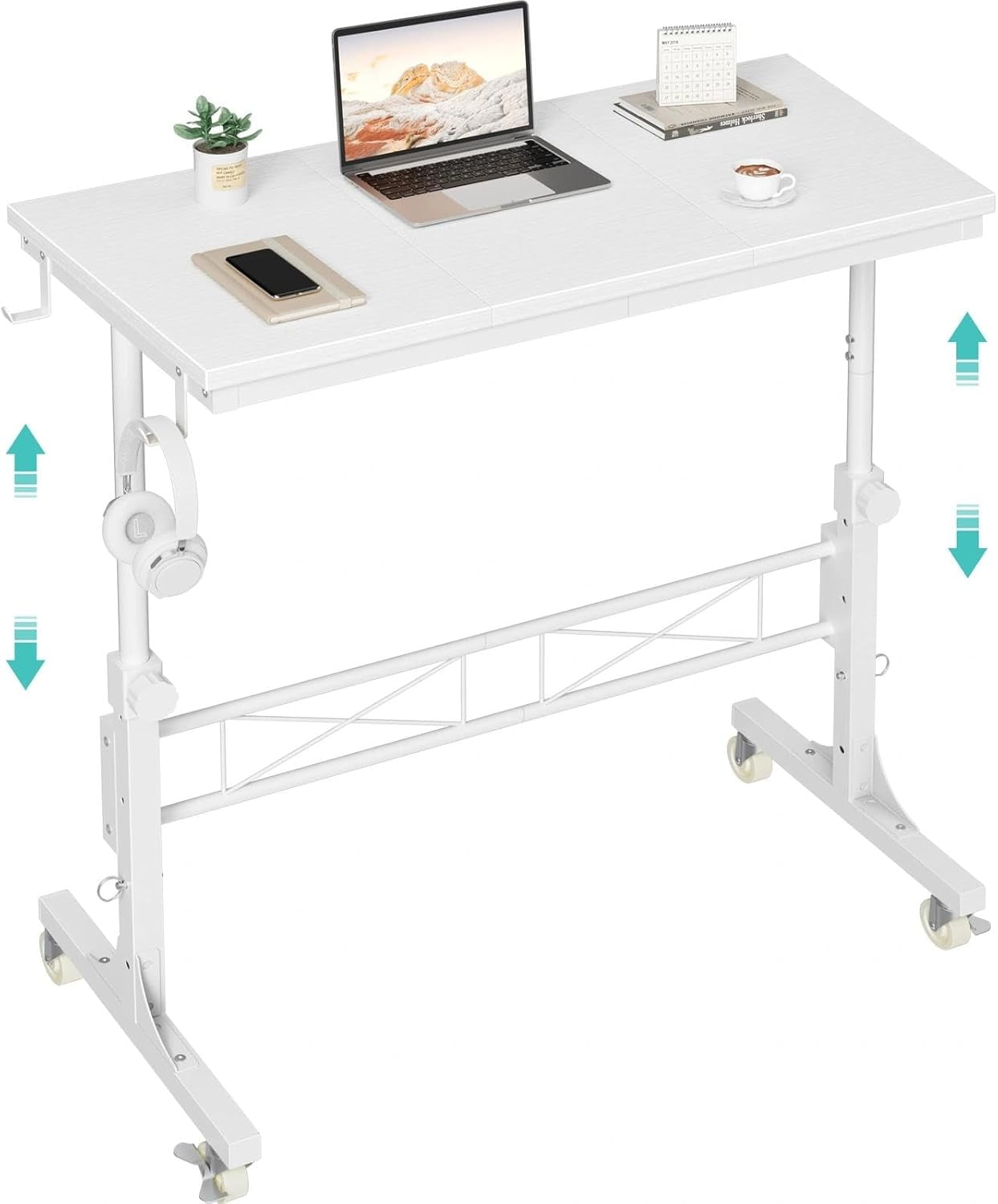 Small Teacher Rolling Standing Desk - 32 Inch White Portable Adjustable ...