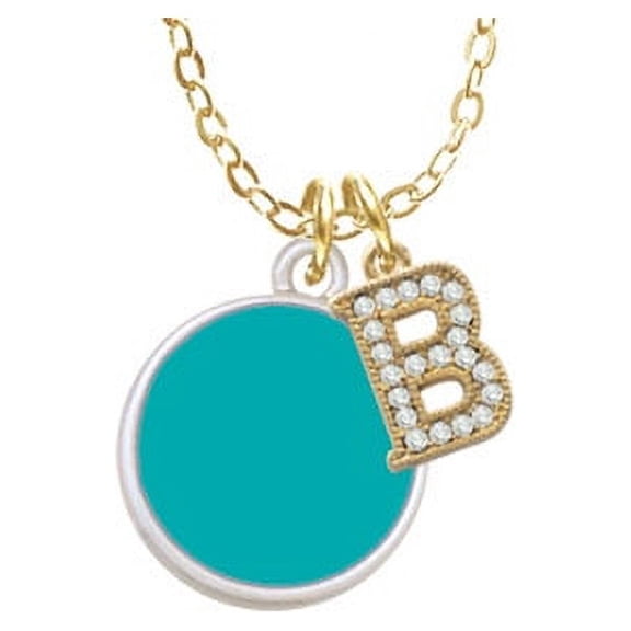 Small Teal Enamel Disc - B - Gold Tone Crystal Initial Sophia Necklace, 18"+1"