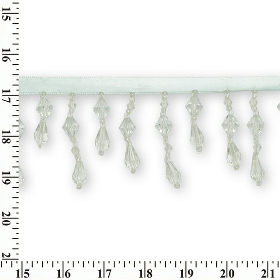 Small Teardrop Beaded Rhinestone Tassel Fringe 2 & 3/8" Wide Polyester Trim Sold By The Yard - Baby Blue