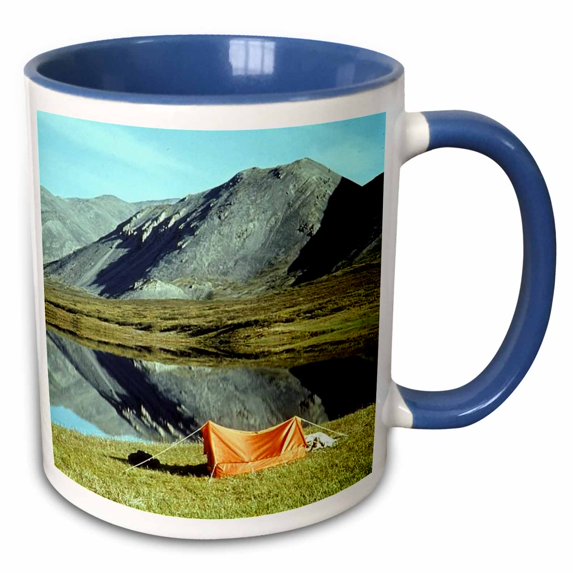 3drose, Small Tent Camping by the Lake Mountain Reflection, 11oz Two-tone Blue Mug