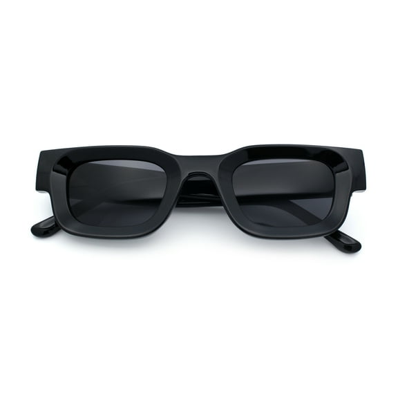 Small Thick Beveled Horn Rim Rectangle Plastic Mod Fashion Sunglasses All Black