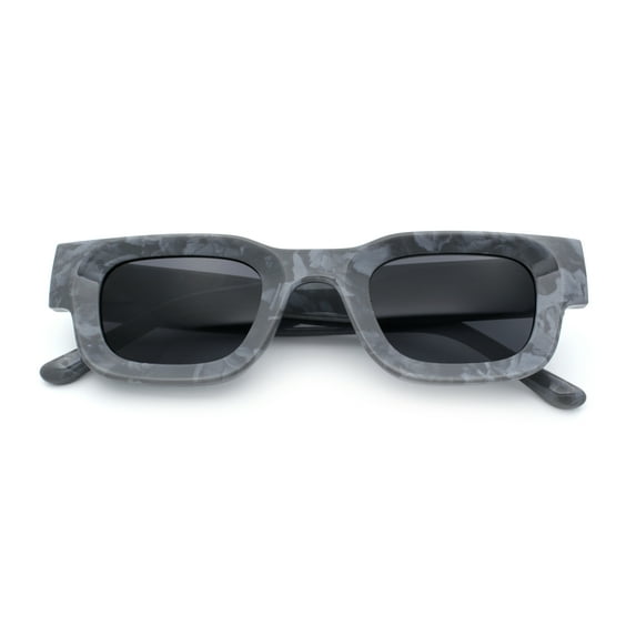 Small Thick Beveled Horn Rim Rectangle Plastic Mod Fashion Sunglasses Grey Marble - Black