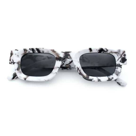 Small Thick Beveled Horn Rim Rectangle Plastic Mod Fashion Sunglasses White Marble - Black