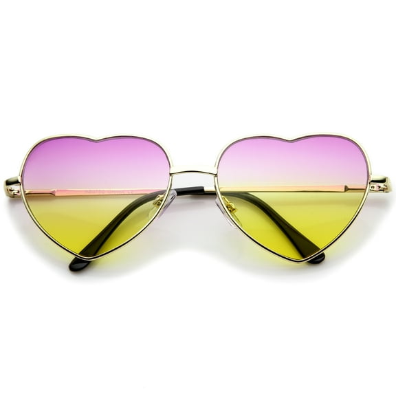 Small Thin Metal Frame Temples Vibrant Colored Gradient Lens Heart Sunglasses 52mm (Gold / Pink-Yellow)