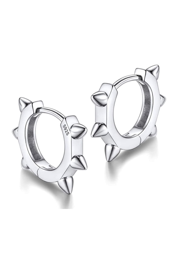 Small Spiked Thorn White Gold Rhodium Solid 925 Sterling Silver Post Spike Punk Hoop Earrings for Men Women Huggie Hoops Earrings