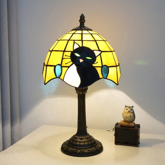Blivuself Black Cat Lamp Tiffany Lamp Stained Glass Table Lamp Cute Style Kids Nightstand Warm Bedroom Bed Side Living Room Office Desk Light Gift For Cat Lovers Decor Small Tiffany Style Lamp 8 Inch
