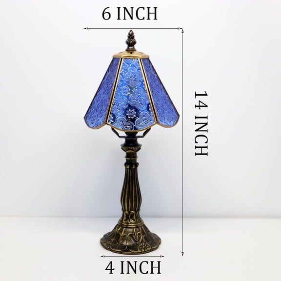 Small Tiffany Table Lamp Blue   Style Stained Glass Desk Lamps 6X6X14 Inch Bronze Resin Base Antique Mini Accent Light