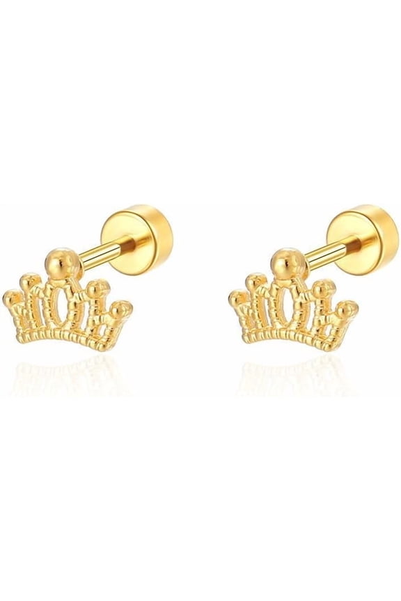 Small Tiny Crown Stud Earring Screw Flat Back Gold Plated Stainless Steel Hypoallergenic Earrings Dainty Cartilage Piercing Jewelry[t4330]