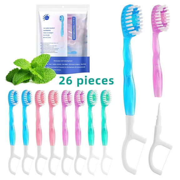 Small Toothbrush Disposable with Toothpaste,Tongue Scrapers,Floss and Pick.Travel Tooth Brush Pack for Work or Travel.Individually Wrapped, 26 Count, Mint and Three Other Fruit Flavors