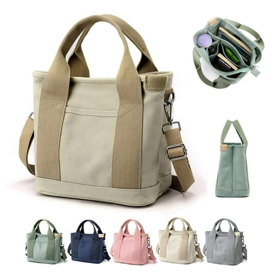 Small Tote Bag with Zipper Tote Bag for Women Canvas Crossbody Bag Shoulder Bag Satchel Messenger Bag,Tote Bags for School,9 inches（Khaki）