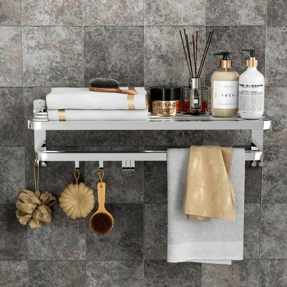 Small Towel Rack, No Drill or Screw Mounting, Wall Mounted Bathroom Foldable Towel Shelf w/ 2 Towel Rod and 5 Moveable Hooks, for Home Apartment Small Space, Silver