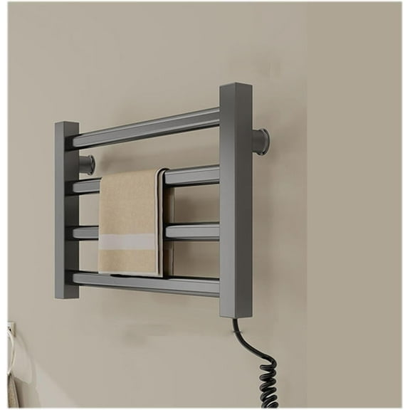Small Towel Warmer Plug-in,Energy-Saving Heated Drying Rack 4 Bars,Heated Towel Racks for Bathroom Wall Mounted,Gray,Plug in Right