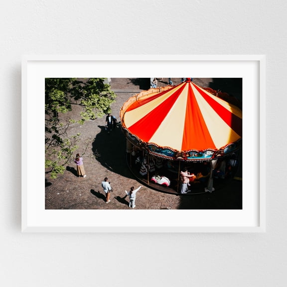 Small Town Carousel - Geneva Switzerland Photography Carnival Vintage Street Photography White Framed Wall Art Print 16 x 24 inches