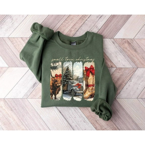 Small Town Christmas Sweatshirt, Highland Cow Christmas Shirt, Western Christmas Sweatshirt, Country Christmas Sweater, Christmas Gift