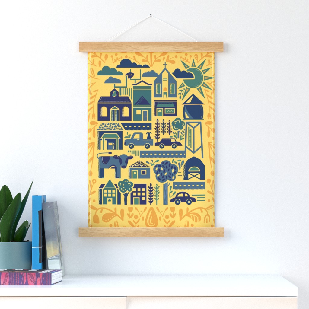 Small Town Farm Life Silo Barn Cow Yellow Blue Wall Hanging Art Print
