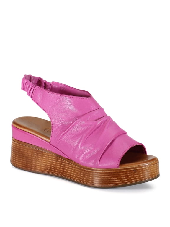 True Women's Small Town Bright Leather Ruched Slingback Platform Wedge Sandal (Fushia, 37)
