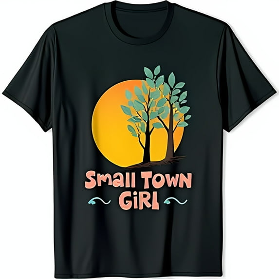 Small Town Girl Black T-Shirt with Rustic Tree and Yellow Sun Design