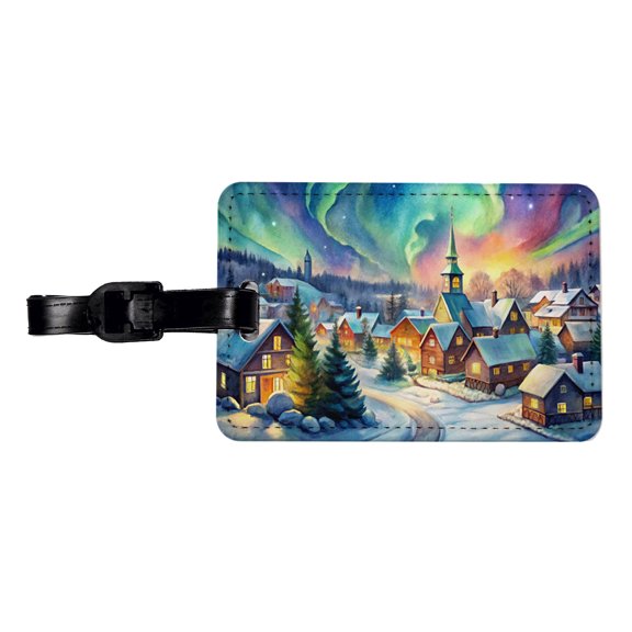 Small Town Northern Lights Watercolor Faux Leather Travel Luggage Tag
