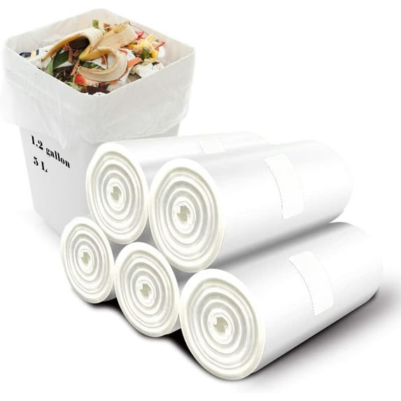 Small Trash Bags 1.2 Gallon Biodegradable Gallon Waste Bag Mini Compostable Strong Bathroom Wastebasket Can Liners Garbage for Home Office Kitchen Fit 5 Liter 5L 1 Gal (120 Counts White)