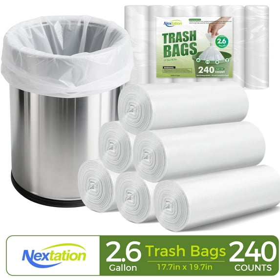 Nextation Small Trash Bags, 2.6 Gallon, 240 Count, Flat Top, Leak-Proof & Durable, Ideal for Bathroom, Bedroom, Office Use