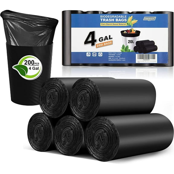 Small Trash Bags 3-5 Gallon, 200 Count Small Bathroom Trash Bags Black, Strong Small For Garbage, 4 Gallon Biodegradable, Unscented, Size Expanded for Kitchen