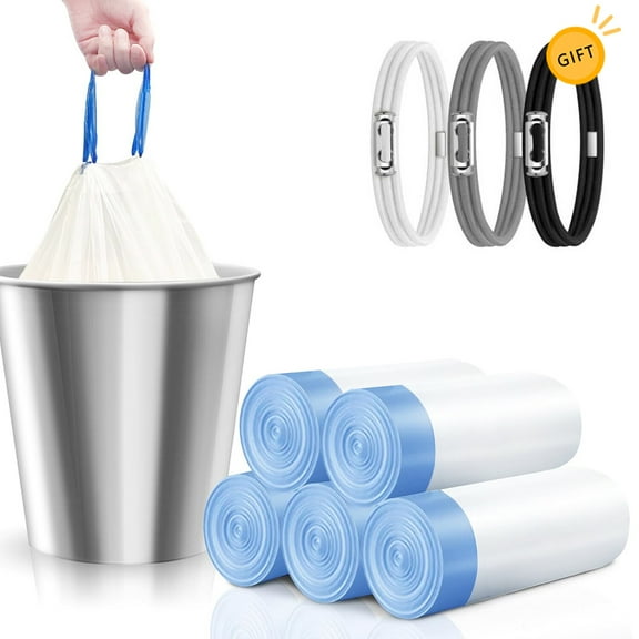 Small Trash Bags with 3 Pcs Garbage Can Bands - 4 Gallon Drawstring Garbage Bags, Tear - Free Separated Unscented Small Trash Can Liners for Bathroom, Kitchen, Office and Bedroom, 75 Count