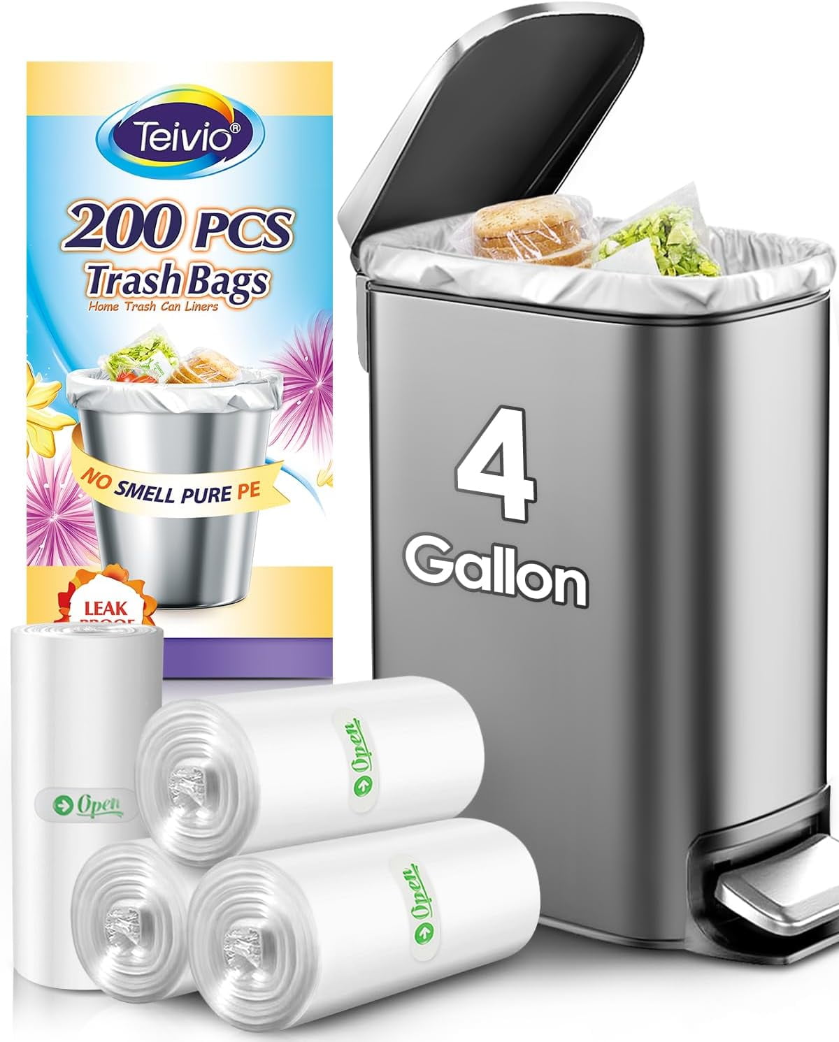 Small Trash Bags 4 Gallon 200 Counts Garbage Bags, Bathroom Trash Can Bin Liners, Small Plastic Bags for home office kitchen, fit 12-15 Liter, 3,3.5,4.5 Gal, Clear