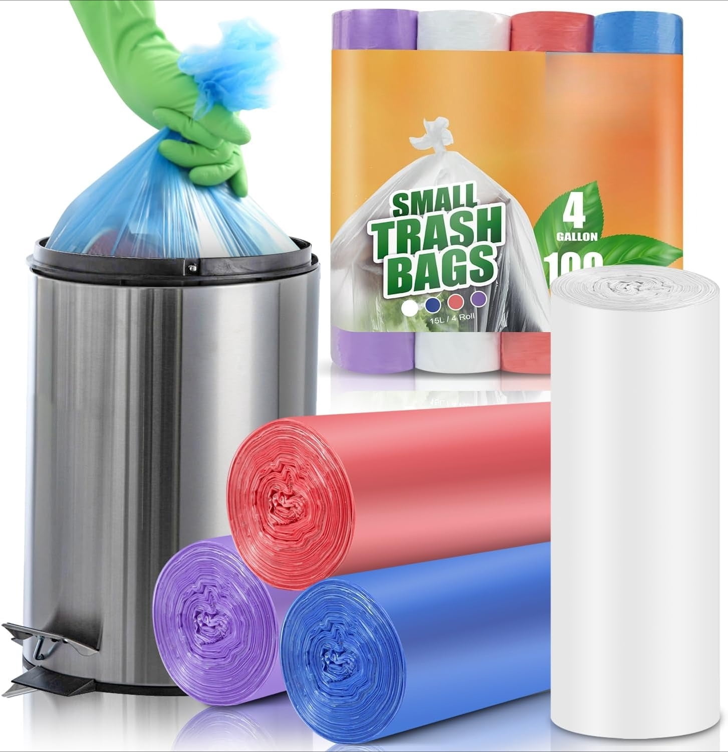 Small Trash Bags 4 Gallon Bathroom Garbage Bags - 100 Count, 4 Colors ...