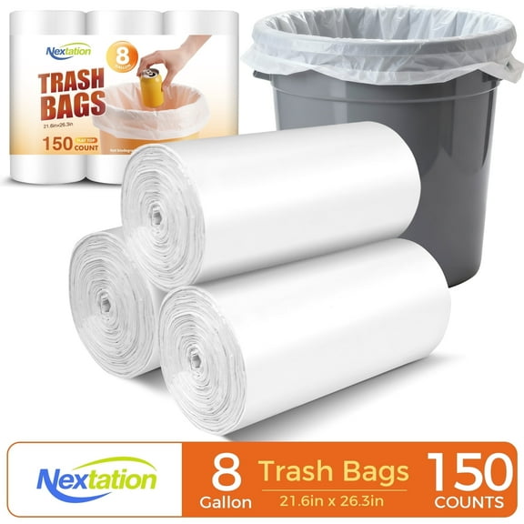 Nextation Medium Trash Can Liners, 8 Gallon, Flat Top, Leak-Proof & Durable, 150 Count, for Bathroom, Bedroom and Office Use