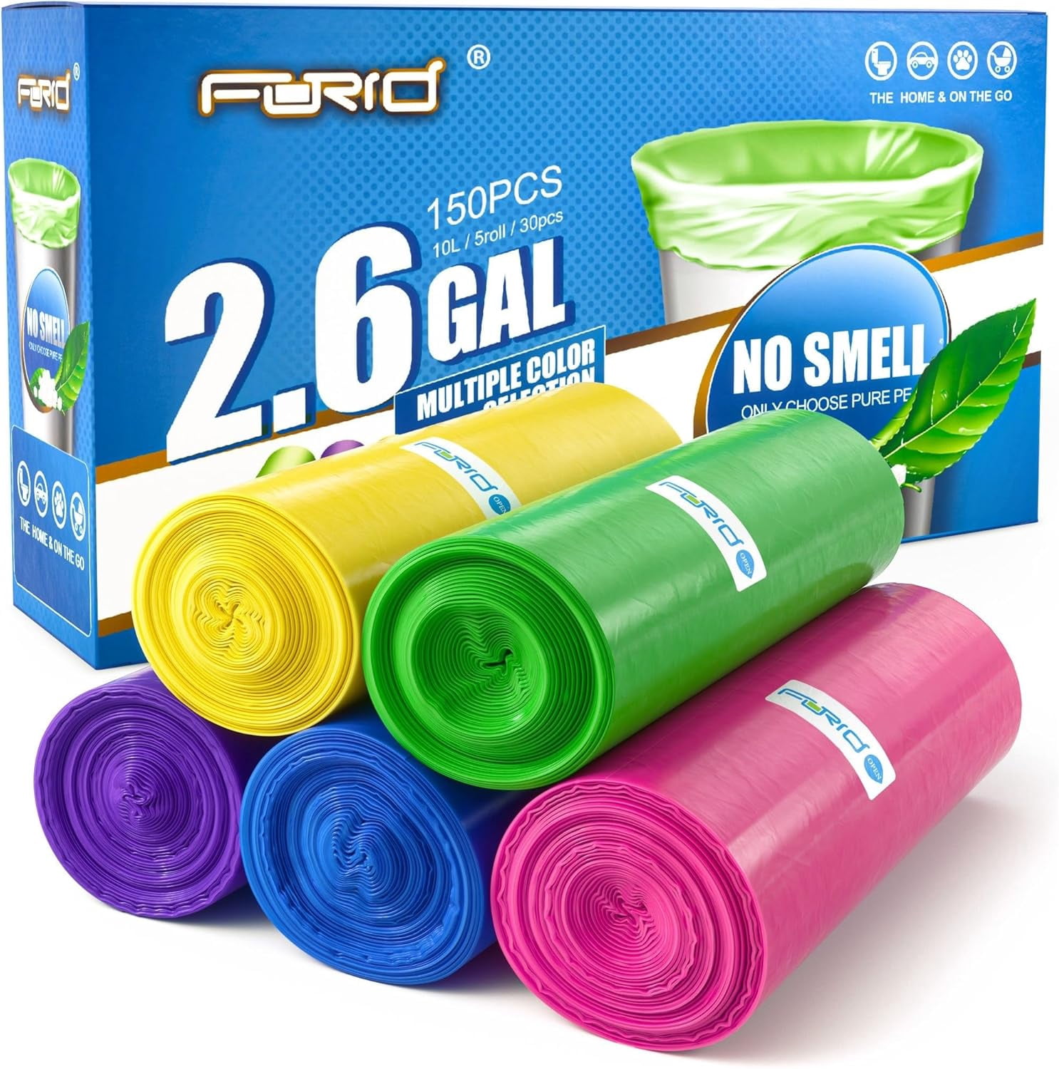 Small for Bathroom - 2.6 Gallon Garbage Bags Unscented,Extra Thick Strong Wastebasket Can Liners for Home Office Bedroom,150 Bags Multi Colored