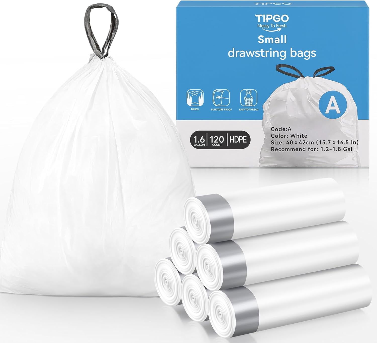 Small Trash Bags Drawstring 1.6 Gallon, Pre-Cut Mini Garbage Bags for 1.2-1.8 Gallon Trash Bins, 120 Count (Code A)