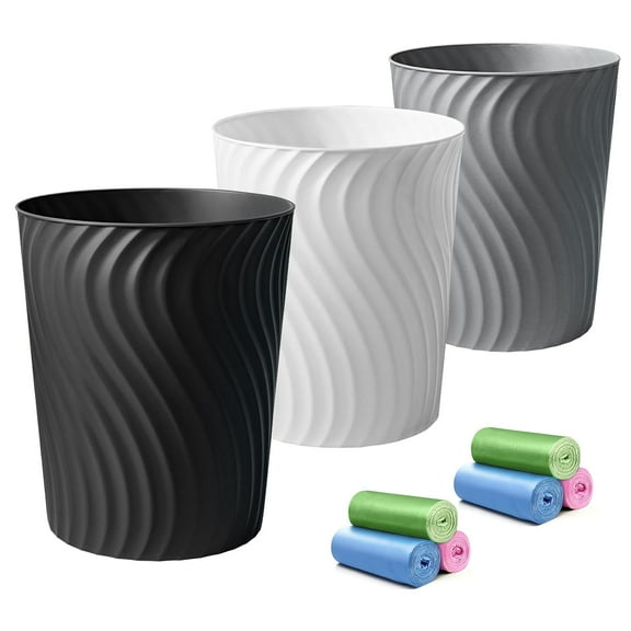 Small Trash Can, 3 Pack 1.8 Gallons Bathroom Trash Can Waste Basket, Round Garbage Can, Plastic Trash Bin for Kitchen, Dorm, Bedroom, Office, Living Room, Study, Compact Spaces(White Black Grey)