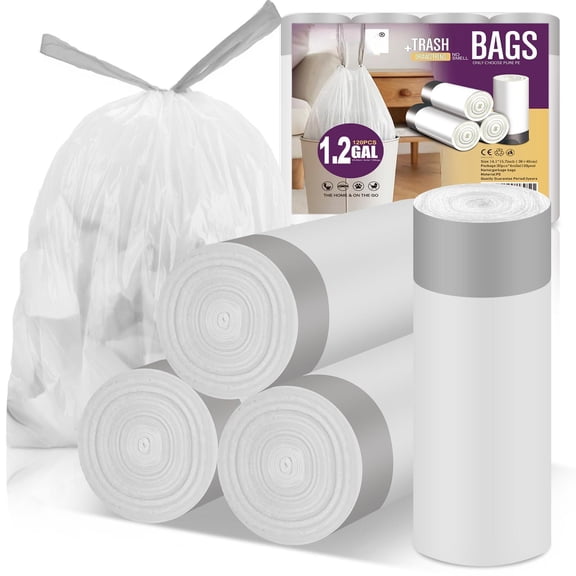 Small Trash Can Bags Bathroom - 1.2 Gallon Drawstring Tiny Garbage Bulk Unscented Strong Mini Size Plastic Wastebasket Bin Liners For Toilet Office Bedroom (3 Rolls  120 Counts)