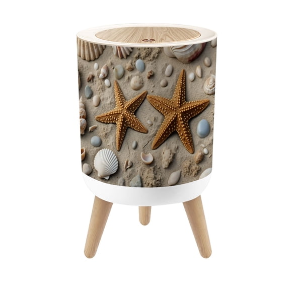 Small Trash Can with Lid 3D Beach Seashell Scallop Conch Seashells Starfish Sand 1.8 Gallon Dog Proof Trash Can Round Garbage Can Waste Bin Wastebasket for Bathroom Bedroom Living Room