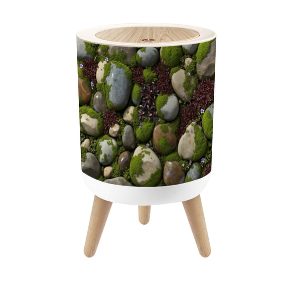 Small Trash Can with Lid 3D Natural Pebble Wildflower Forest Stones Moss 1.8 Gallon Dog Proof Trash Can Round Garbage Can Waste Bin Wastebasket for Bathroom Bedroom Living Room
