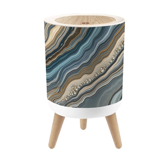 Small Trash Can with Lid Abstract Agate Stone Fluid Blue Gold Patterns 1.8 Gallon Dog Proof Trash Can Round Garbage Can Waste Bin Wastebasket for Bathroom Bedroom Living Room