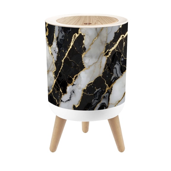 Small Trash Can with Lid Abstract Marbling Black White Marble Golden Veins Marble 1.8 Gallon Dog Proof Trash Can Round Garbage Can Waste Bin Wastebasket for Bathroom Bedroom Living Room
