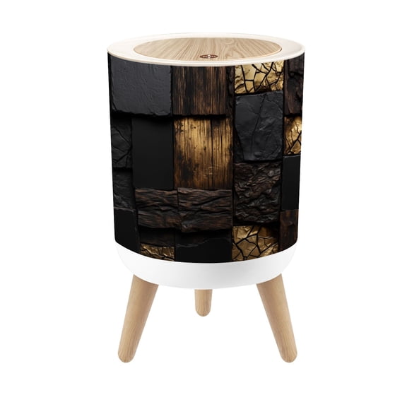 Small Trash Can with Lid Abstract Wood Stone Tile Dark Metal Geometric 1.8 Gallon Dog Proof Trash Can Round Garbage Can Waste Bin Wastebasket for Bathroom Bedroom Living Room