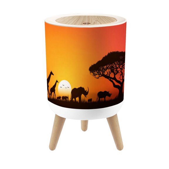Small Trash Can with Lid African landscape scene animal savannah silhouette Sunset 1.8 Gallon Dog Proof Trash Can Round Garbage Can Waste Bin Wastebasket for Bathroom Bedroom Living Room