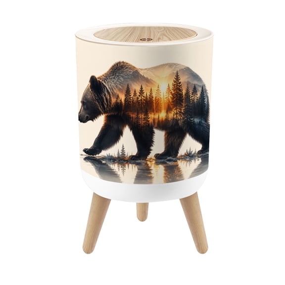 Small Trash Can with Lid Animal Forest Scene Gem Bear Trees Sunset Silhouette 1.8 Gallon Dog Proof Trash Can Round Garbage Can Waste Bin Wastebasket for Bathroom Bedroom Living Room