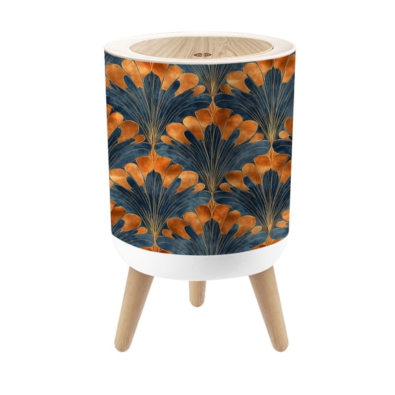 Small Trash Can with Lid Art Gold Blue Fan Elegant Detailing 1.8 Gallon Dog Proof Trash Can Round Garbage Can Waste Bin Wastebasket for Bathroom Bedroom Living Room