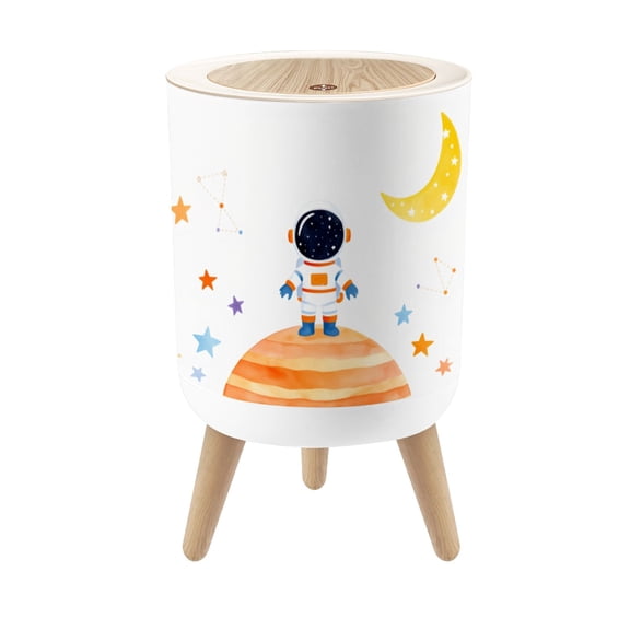 Small Trash Can with Lid Astronaut Exploring Planet Stars Moon Watercolor Style 1.8 Gallon Dog Proof Trash Can Round Garbage Can Waste Bin Wastebasket for Bathroom Bedroom Living Room