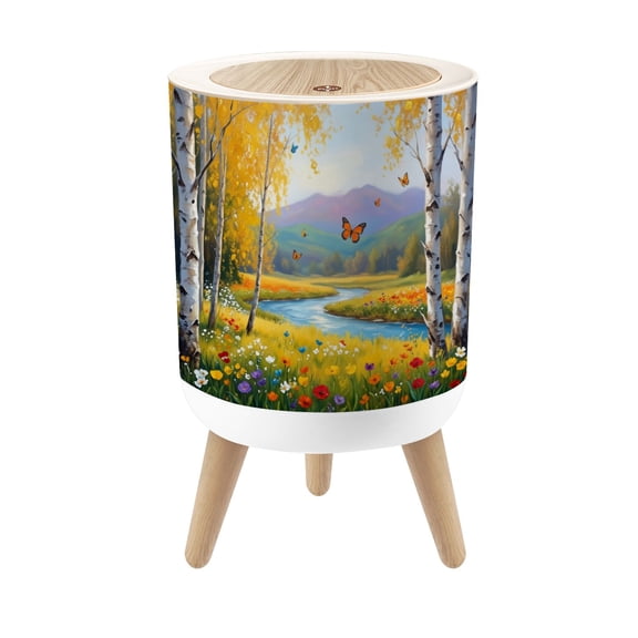 Small Trash Can with Lid Autumn Landscape Birch Trees Flowing River Butterflies Field Colorful 1.8 Gallon Dog Proof Trash Can Round Garbage Can Waste Bin Wastebasket for Bathroom Bedroom Living Room