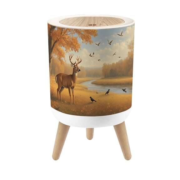 Small Trash Can with Lid Autumn Landscape Deer by Tranquil River Birds 1.8 Gallon Dog Proof Trash Can Round Garbage Can Waste Bin Wastebasket for Bathroom Bedroom Living Room