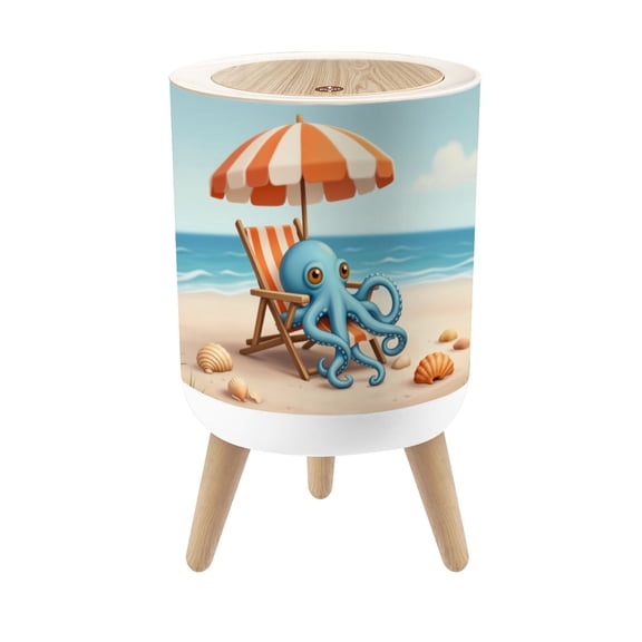 Small Trash Can with Lid Beach Coastal Seascape Octopus Marine Life 1.8 Gallon Dog Proof Trash Can Round Garbage Can Waste Bin Wastebasket for Bathroom Bedroom Living Room