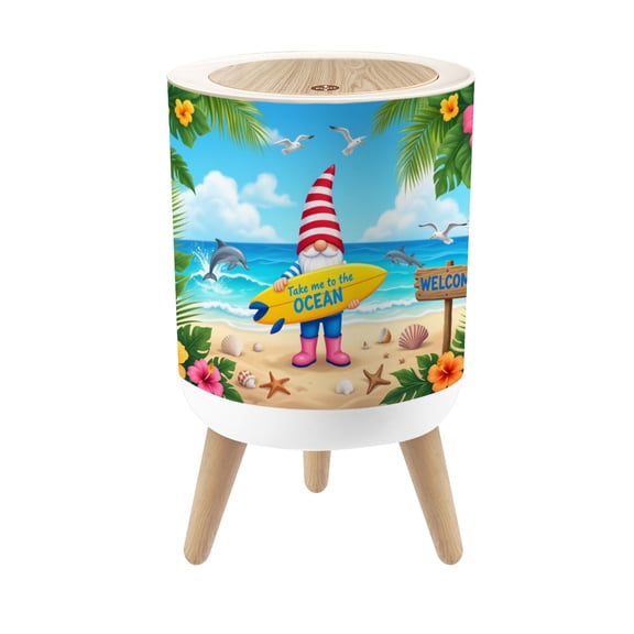 Small Trash Can with Lid Beach Gnome Surfboard Take Me to Ocean Dolphins Tropical Flowers 1.8 Gallon Dog Proof Trash Can Round Garbage Can Waste Bin Wastebasket for Bathroom Bedroom Living Room