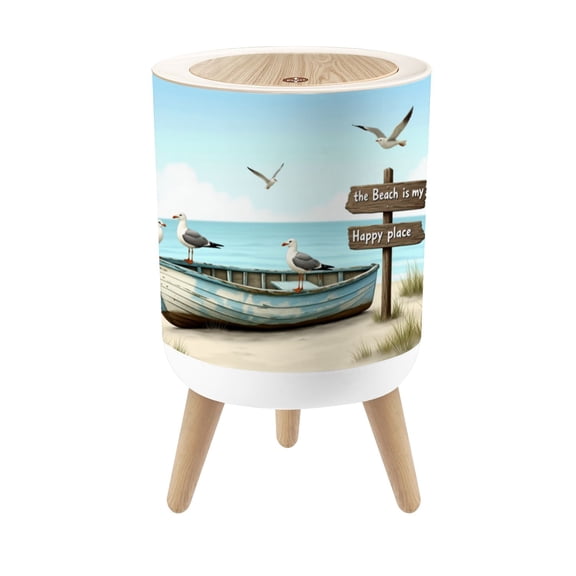 Small Trash Can with Lid Beach Ocean Coastal Sea Bird Blue Tan Rustic Beachy Boat Seagulls 1.8 Gallon Dog Proof Trash Can Round Garbage Can Waste Bin Wastebasket for Bathroom Bedroom Living Room