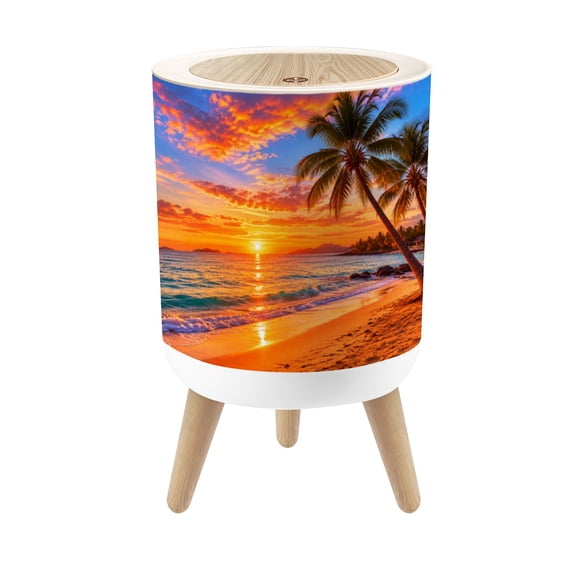 Small Trash Can with Lid Beach Ocean Tropical Palm Tree Coastal Sunset Gold Palm Trees 1.8 Gallon Dog Proof Trash Can Round Garbage Can Waste Bin Wastebasket for Bathroom Bedroom Living Room