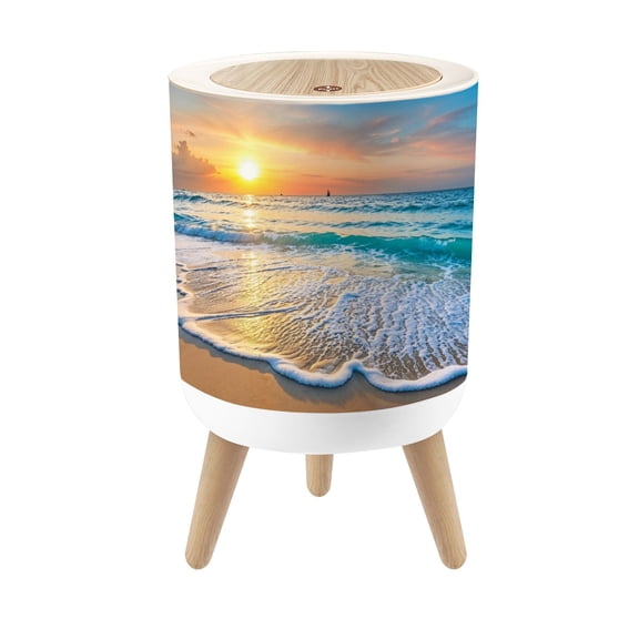 Small Trash Can with Lid Beach Sea Nature Landscape Waves Sunset Sky Ocean 1.8 Gallon Dog Proof Trash Can Round Garbage Can Waste Bin Wastebasket for Bathroom Bedroom Living Room