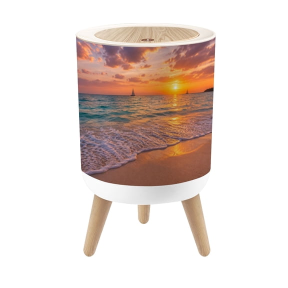 Small Trash Can with Lid Beach Sea Nature Landscape Waves Sunset Sky Ocean Coastal 1.8 Gallon Dog Proof Trash Can Round Garbage Can Waste Bin Wastebasket for Bathroom Bedroom Living Room